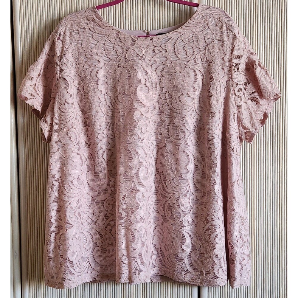 Liz Claiborne Career Woman Blouse 2X Beige Pink Floral Lace Short Sleeve Lined